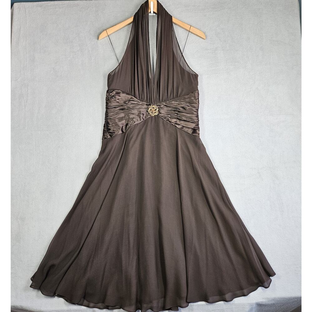 Y2k Maggy London Silk Dress Size 10 Brown Babydoll Halter Neck Knee Length